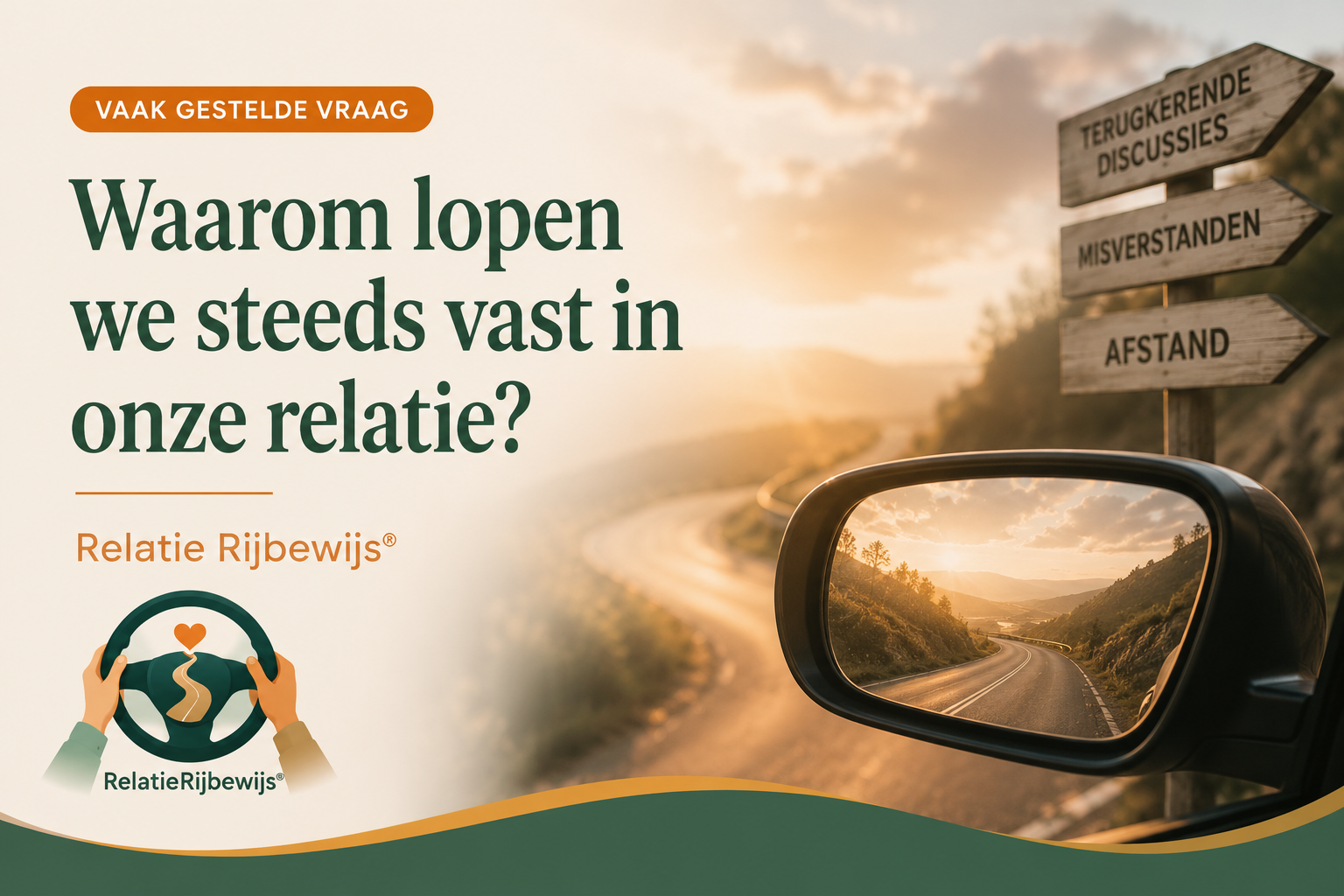 Illustratie bij de veelgestelde vraag 'Waarom lopen we steeds vast in onze relatie?' over relatiepatronen, communicatie en gezonde relaties binnen het Relatie Rijbewijs®.