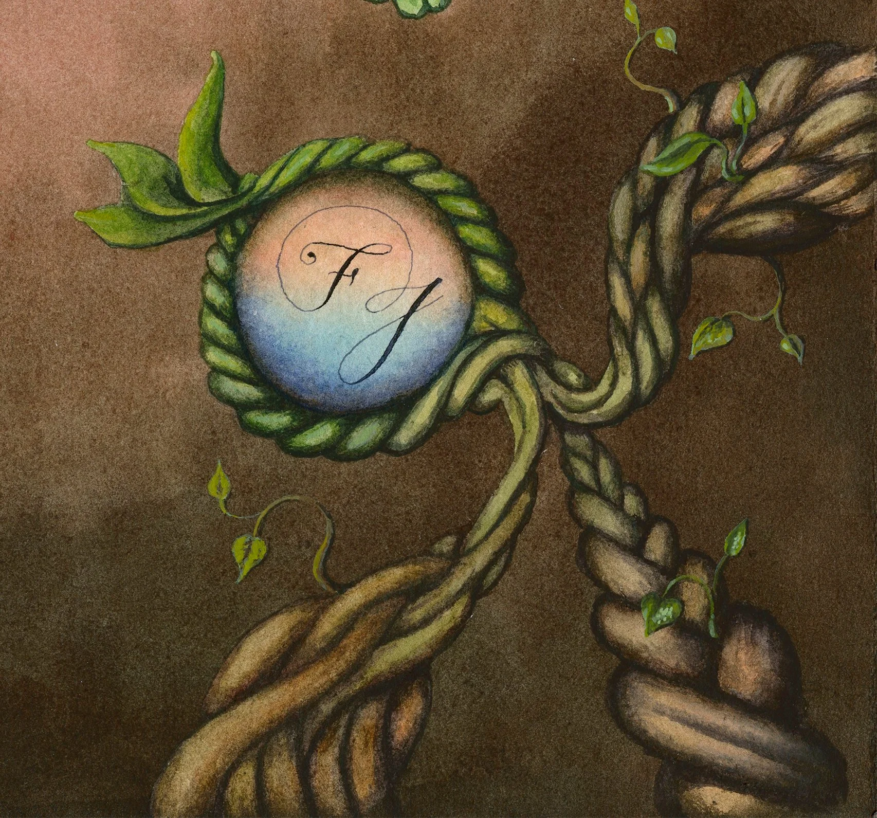 Close-up detail of Francesco Di Giuseppe's artist logo seal embedded within a climbing plant and rope illustration. Painted in watercolour on textured 640 gsm 100% cotton paper.