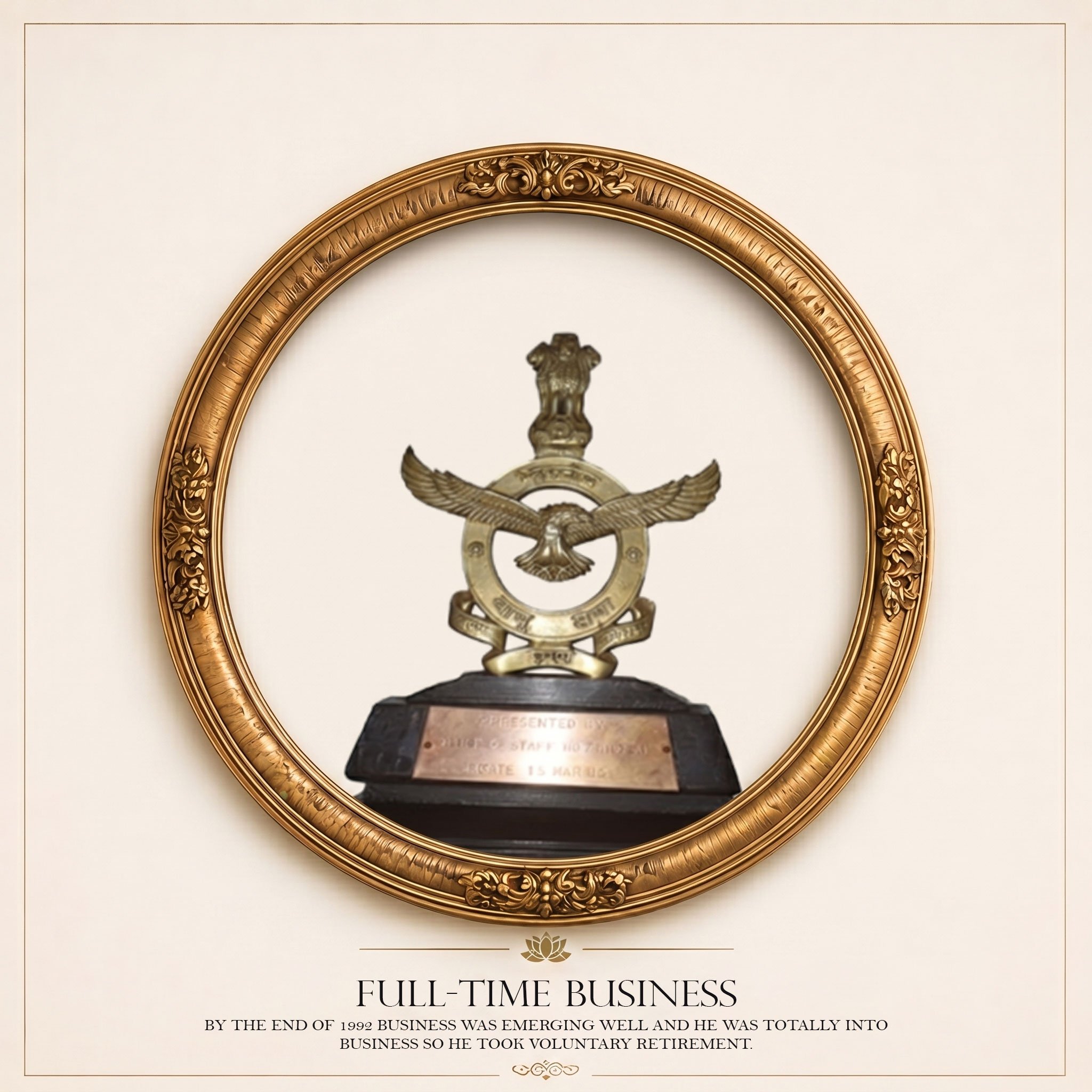 Close-up of a gold ornate frame surrounding a patch of text and a partial emblem, with the words 'FULL-TIME BUSINESS' visible at the bottom.