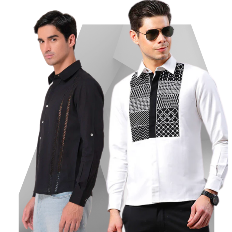 Two male models posing, one in a black shirt and the other in a white shirt with black geometric patterns, both with dark hair and stylish accessories.