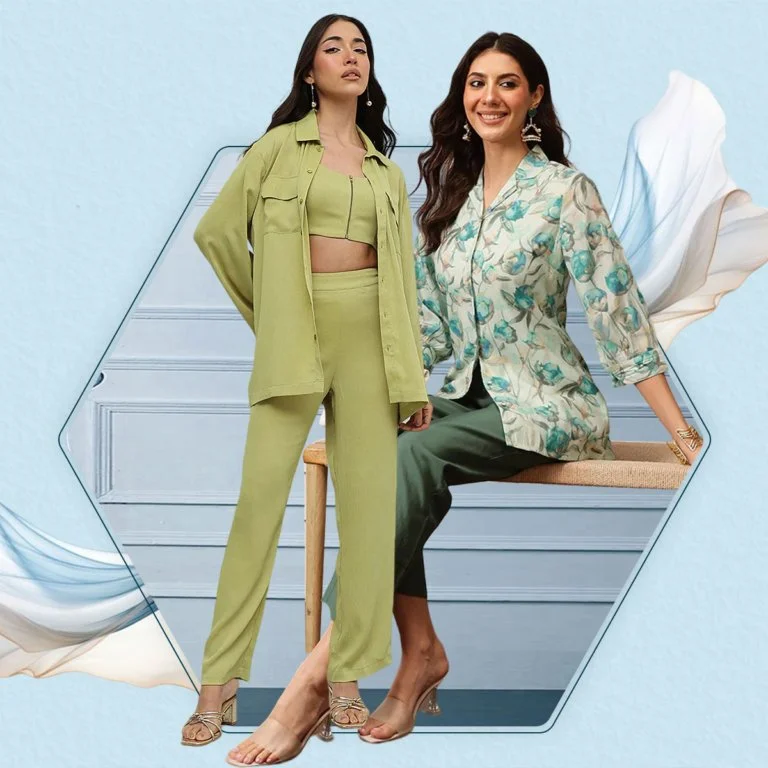 Two women in stylish outfits pose against a light blue background with abstract fabric and geometrical elements. One woman stands in a lime green suit with a crop top, the other sits in a floral blazer and black pants.