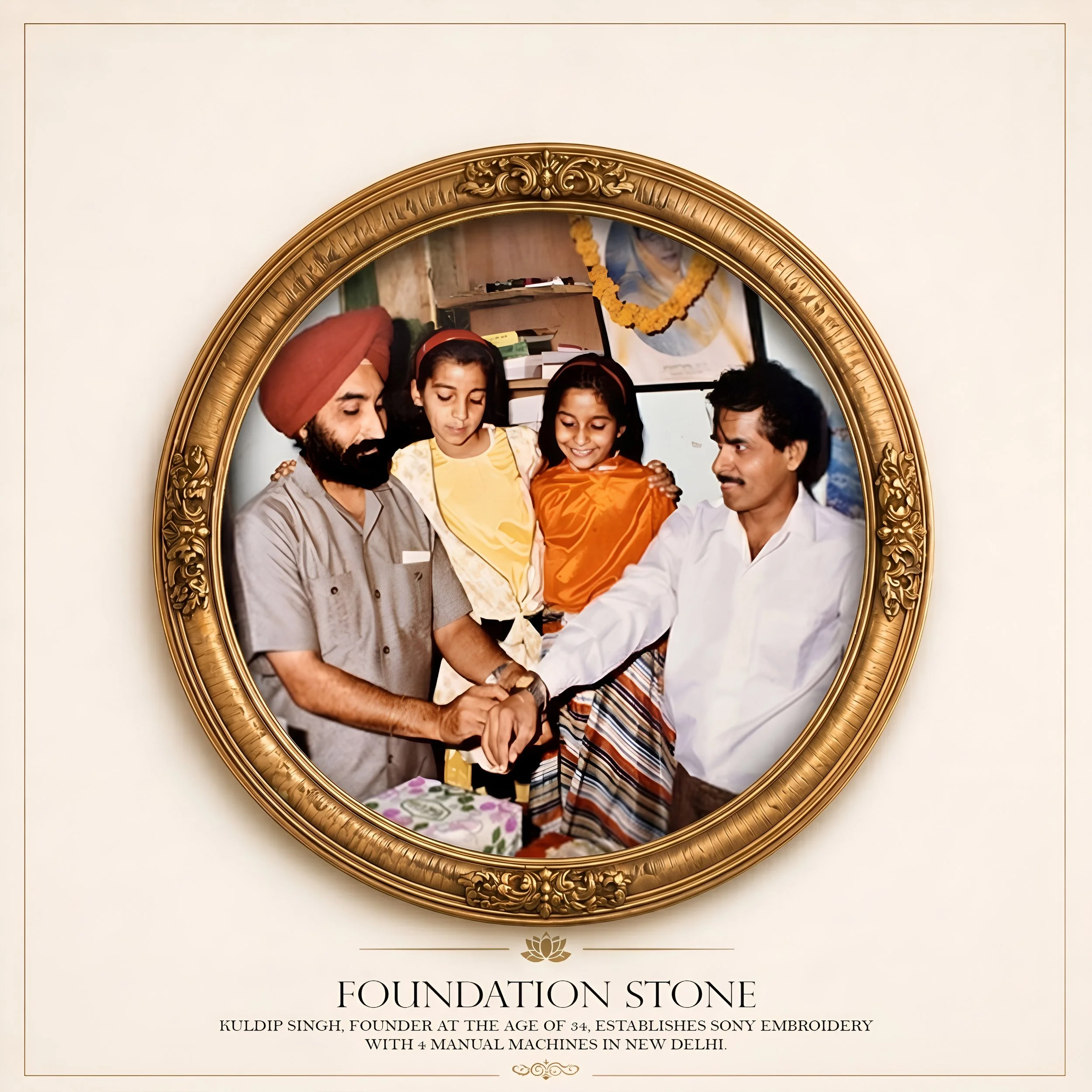 A decorative mirror with an ornate gold frame reflecting a group of people gathered around, possibly at a celebration or event, with a background of bookshelves and festive decorations.