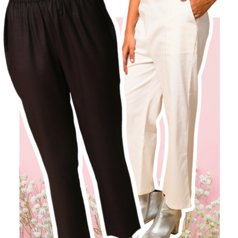 Close-up of two women wearing stylish wide-leg trousers, one in black and the other in white, against a pink background with white flowers.