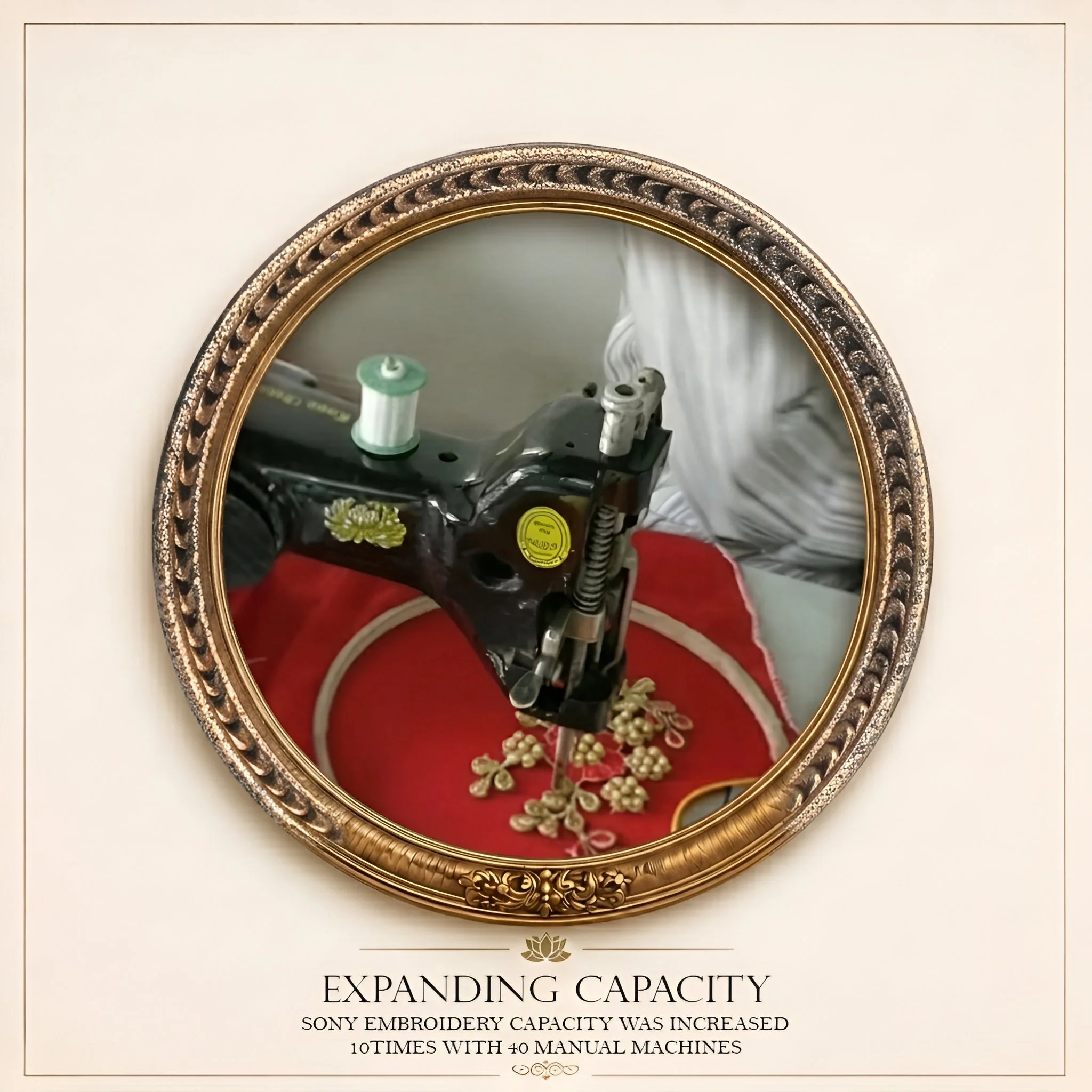 Close-up of a decorative oval mirror with intricate border design reflecting a chandelier and some objects below it.