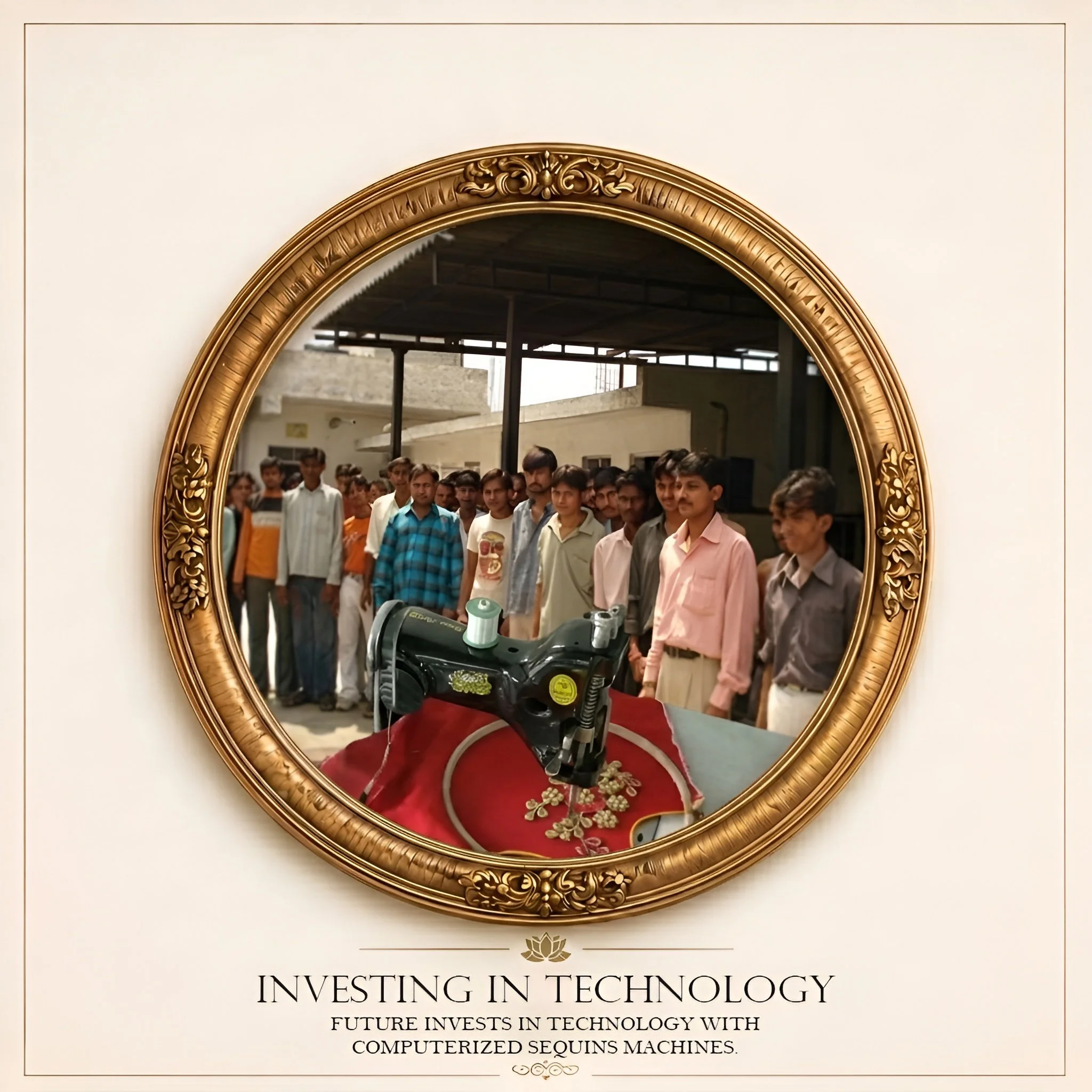 A mirror with a gold ornate frame reflecting a group of people in a modern setting and part of a presentation slide with the title "Investing in Technology" and the subtitle "Future invests in technology with computerized sequins machines."