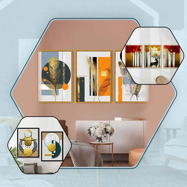 Living room with abstract wall art, small tables with decor, and decorative pillows in neutral tones.