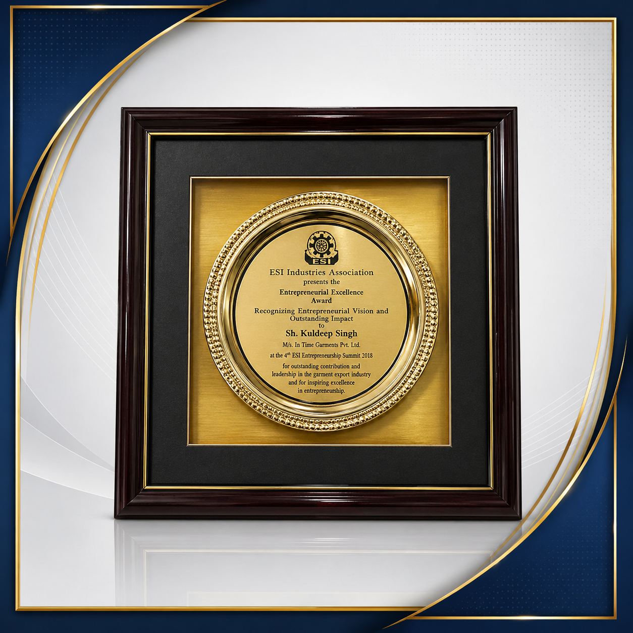 A framed award plaque with a gold circular center, recognizing Sh. Kuldeep Singh for entrepreneurial excellence in the garment export industry, presented by the ESI Industries Association at the 4th ESI Entrepreneurship Summit 2018.