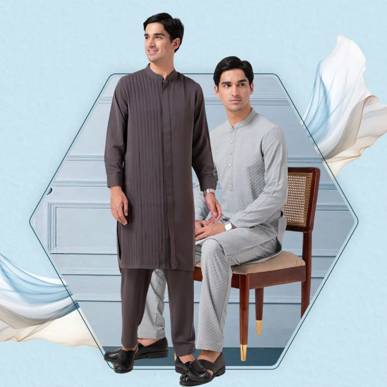 Two men in traditional South Asian attire, one standing and the other sitting on a chair, in a studio with a light blue background and graphic design elements.