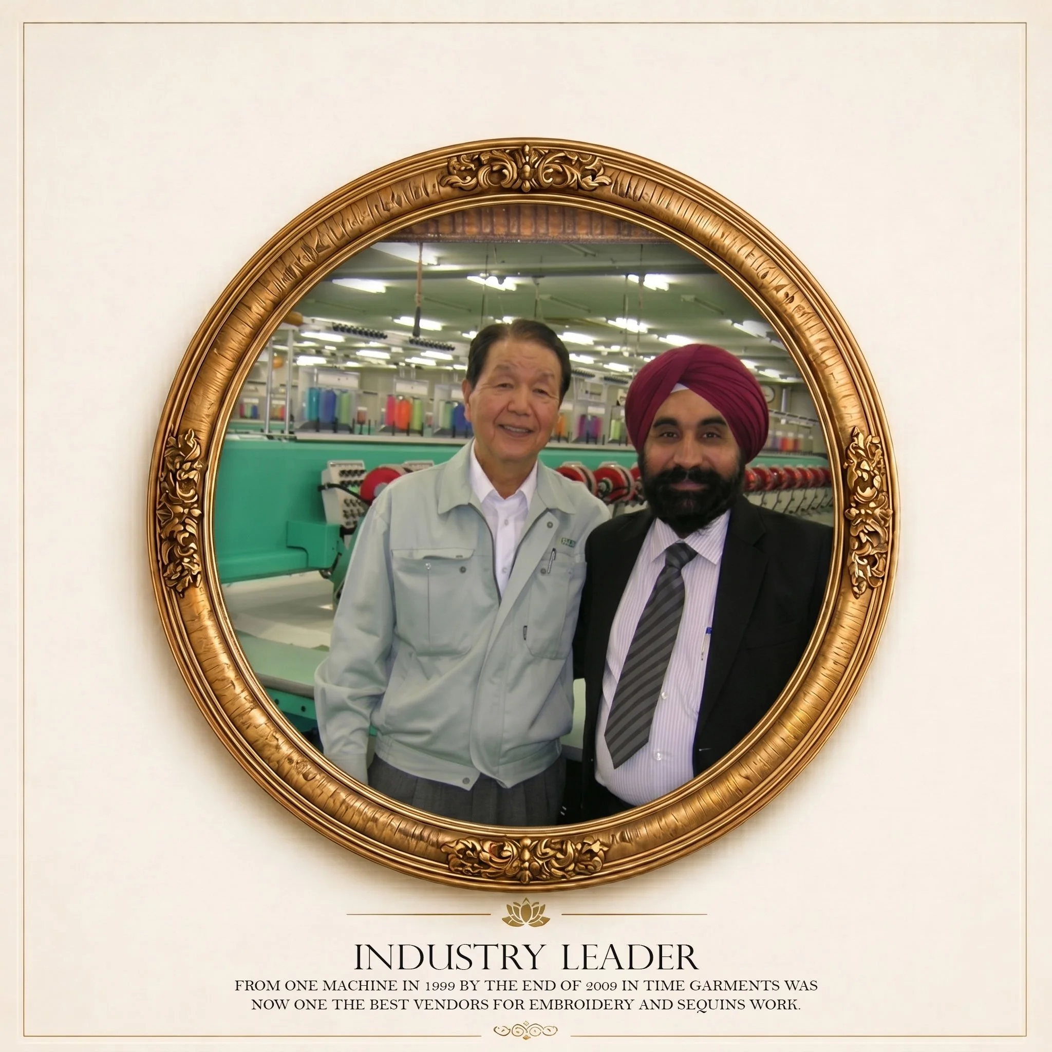 A mirror with an ornate gold frame reflecting two men, one wearing a white coat and the other a suit with a turban, in a store with embroidery and sewing supplies.