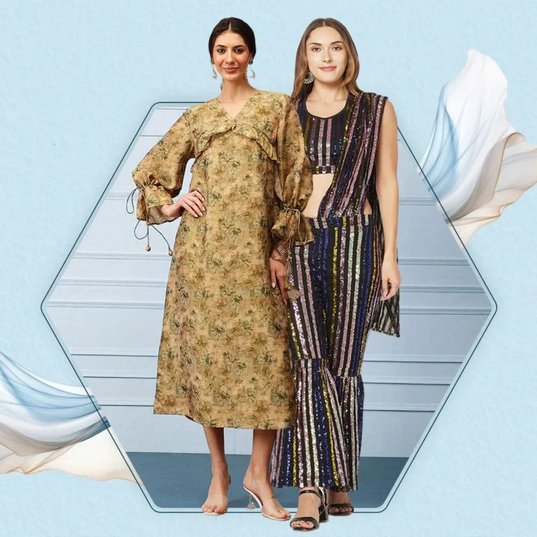 Two women standing side by side against a light blue background with a hexagon frame and decorative white and beige fabric elements. One woman wears a floral long dress with puffy sleeves, and the other wears a multicolored striped set with a crop top and wide-leg pants.