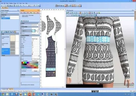 Computer screen displaying a digital fashion design software with a black and white pattern dress, patterned fabric swatches, and design tools.
