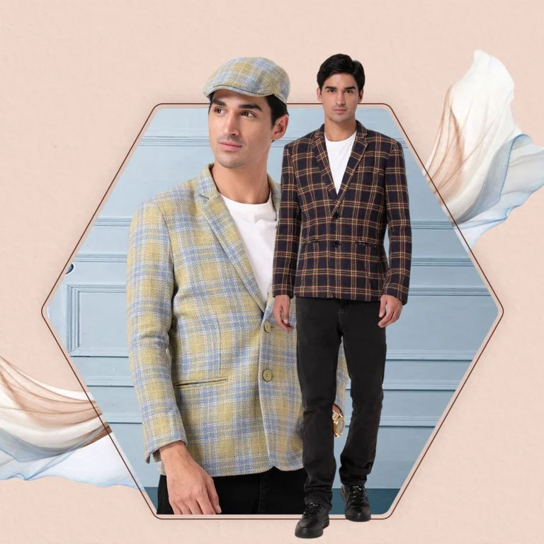 Two men in plaid blazers, one wearing a hat, standing against a geometric background with a hexagonal frame.