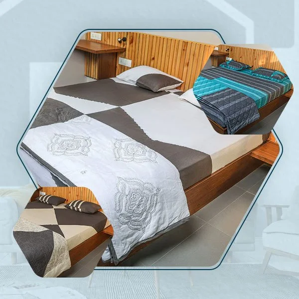 Collage of three photos of a bed with wooden headboard in a hotel room. The main image shows the bed made with white, gray, and black bedding. The top right inset shows a close-up of the bed with blue and black striped bedding. The bottom left inset shows a smaller section of the bed with geometric patterned bedding.