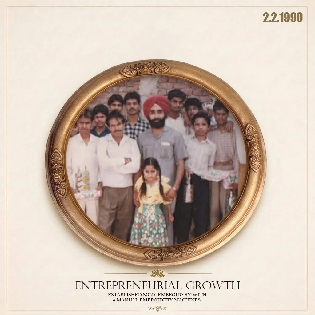 A framed photo of a diverse group of people, including men, women, and children, standing outside against a brick wall. Below the photo, the text reads "Entrepreneurial Growth," with additional smaller text about embroidery machines.