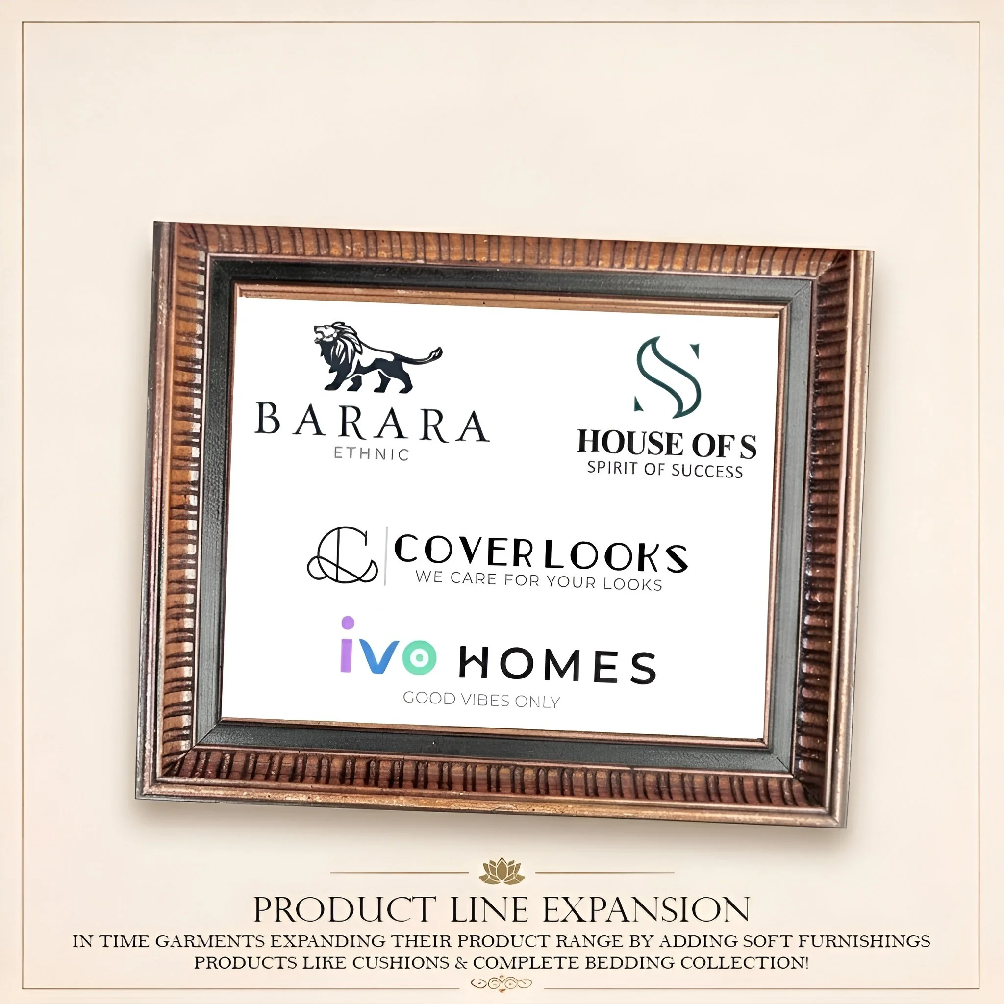 Framed advertisement for product line expansion by Ivory Homes, featuring a lion logo, and emphasizing the expansion of garments and soft furnishings.