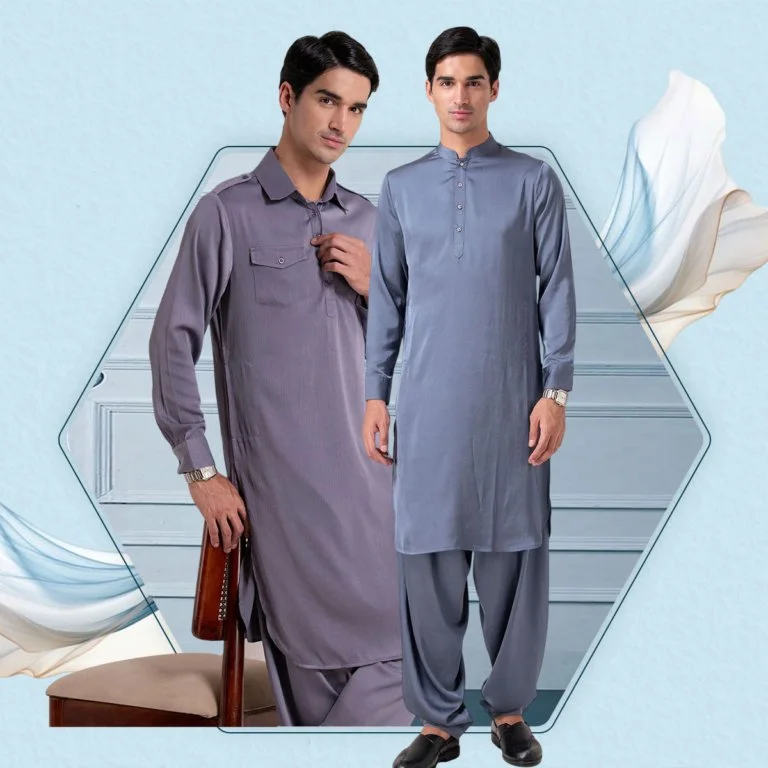 Two men wearing traditional South Asian men's kurta pajamas standing indoors.