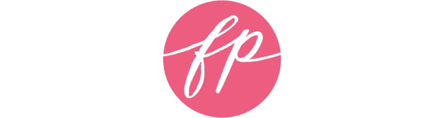 A logo with a pink circle and black cursive letters 'fp' inside it.