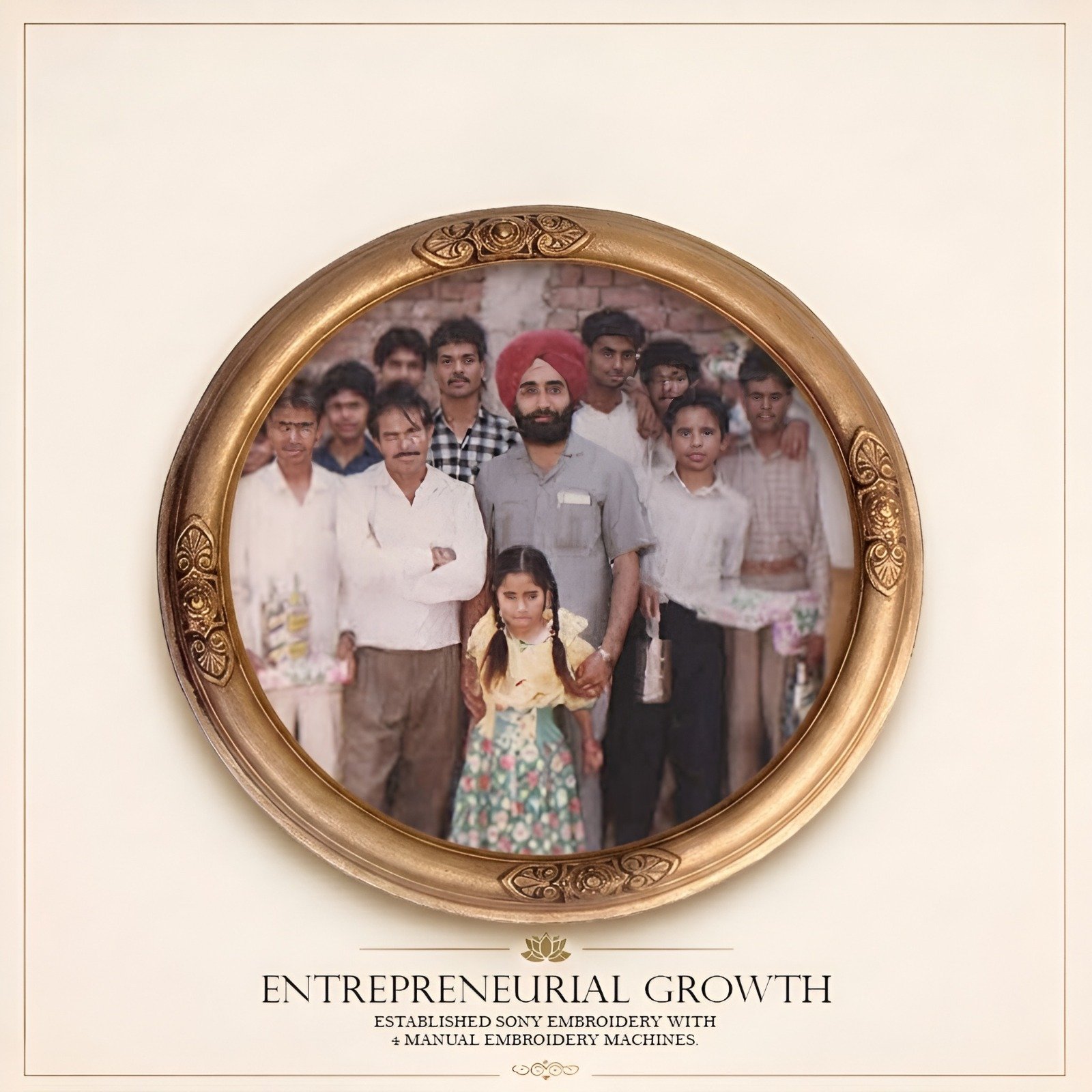 A framed photo of a diverse group of people, including men, women, and children, standing outside against a brick wall. Below the photo, the text reads "Entrepreneurial Growth," with additional smaller text about embroidery machines.