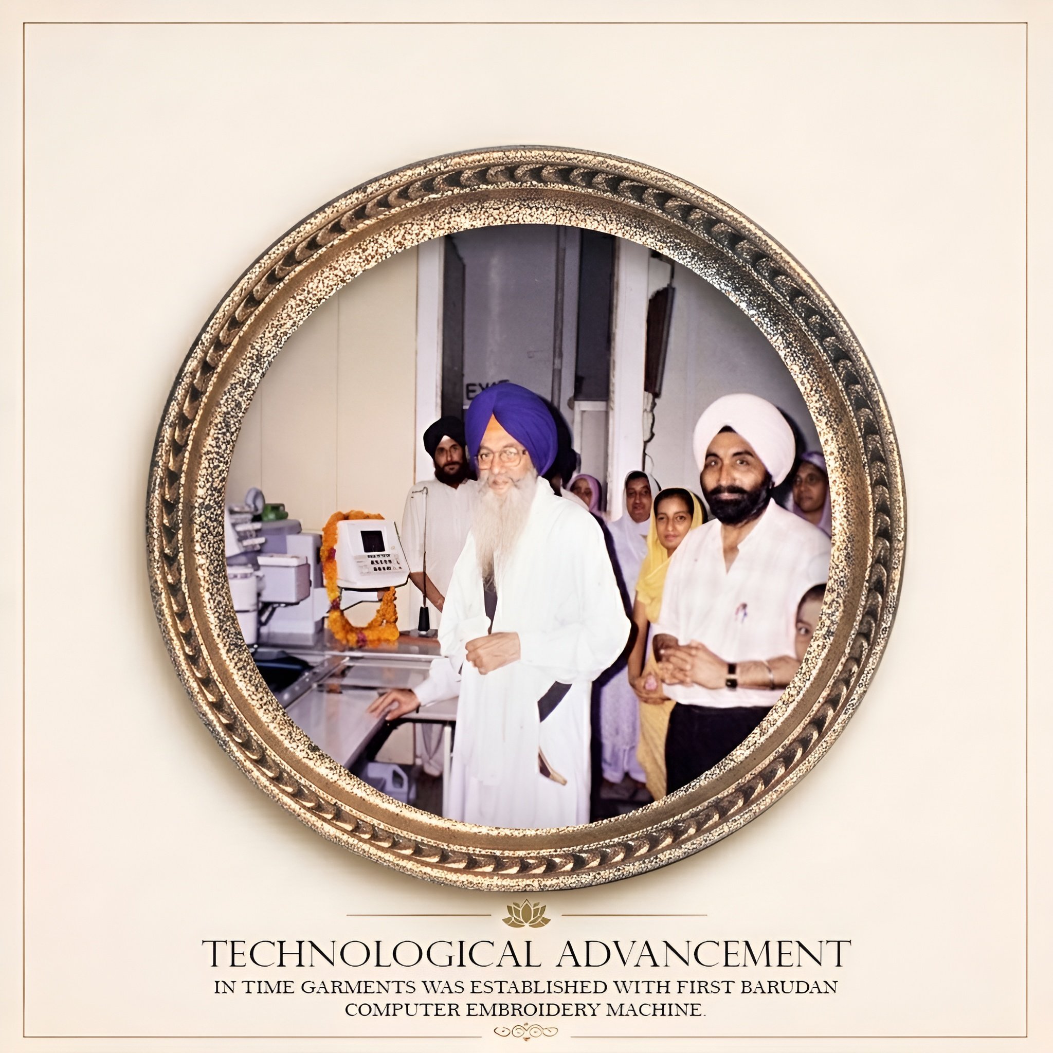 A decorative round mirror with a gold ornate frame hangs on a wall. Below the mirror, there is a printed heading 'TECHNOLOGICAL ADVANCEMENT' and a paragraph explaining the history of garments and computer embroidery machines.