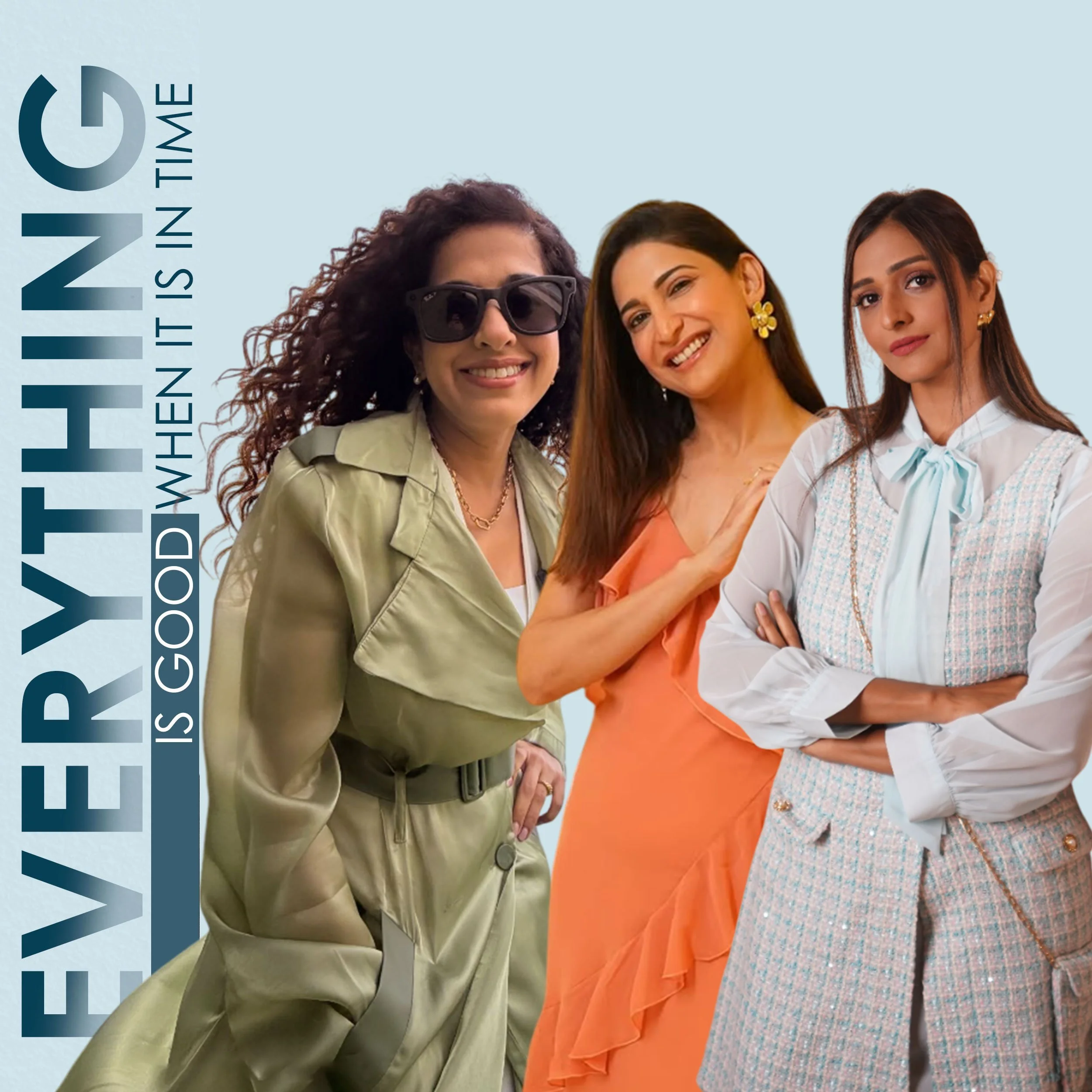 Three women standing close together, smiling. The woman on the left has curly hair and is wearing sunglasses and a khaki shirt. The middle woman has long dark hair and is wearing orange attire with yellow flower earrings. The woman on the right has long hair and is wearing a white and blue dress with a light blue bow at the collar.