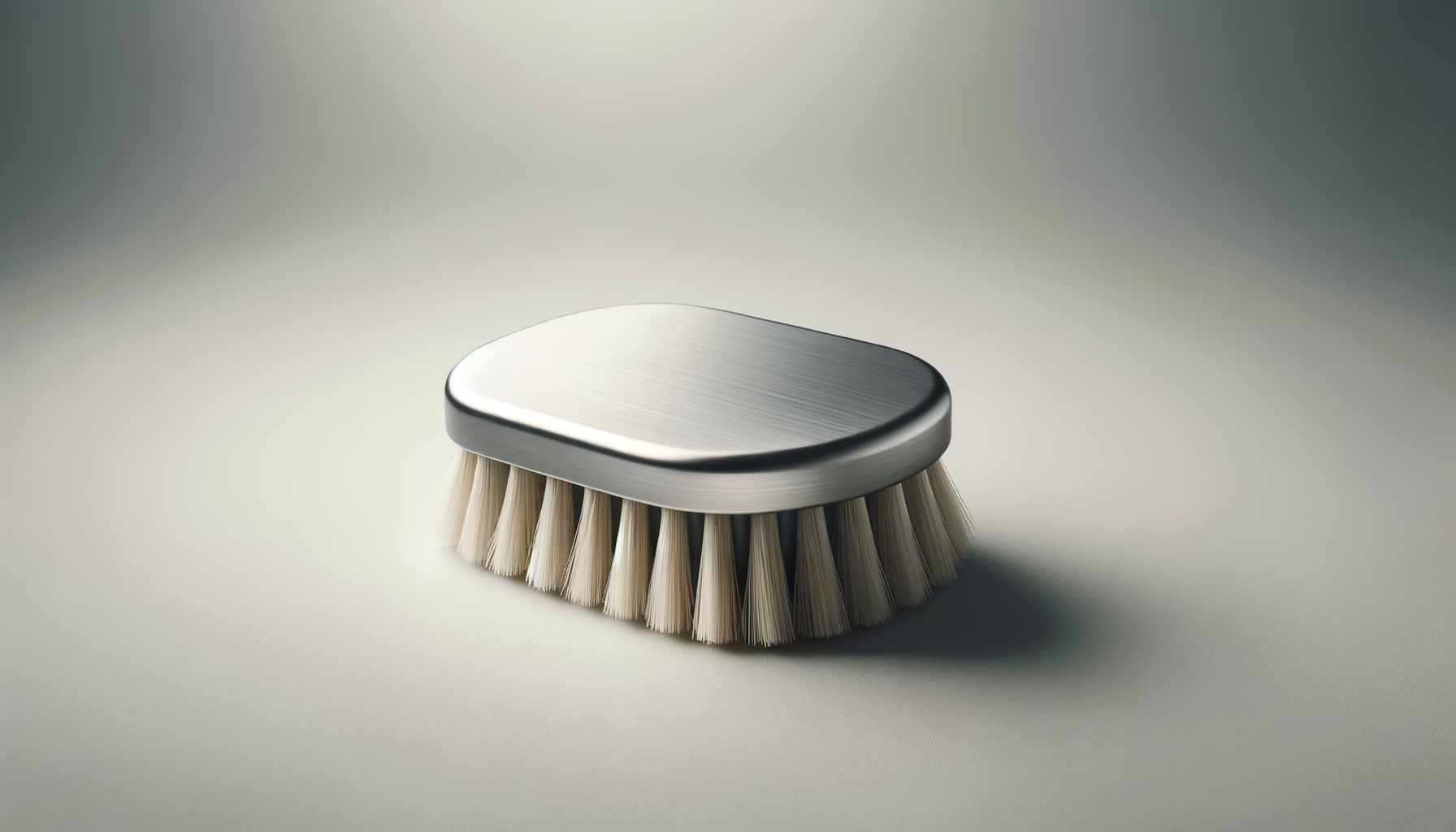 A handheld scrub brush with a metallic handle and white bristles on a plain light surface.