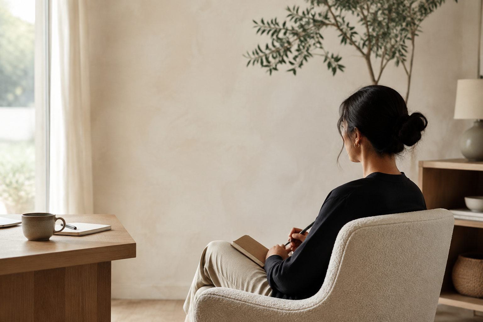 A woman journaling in a warm, peaceful room with soft natural light.