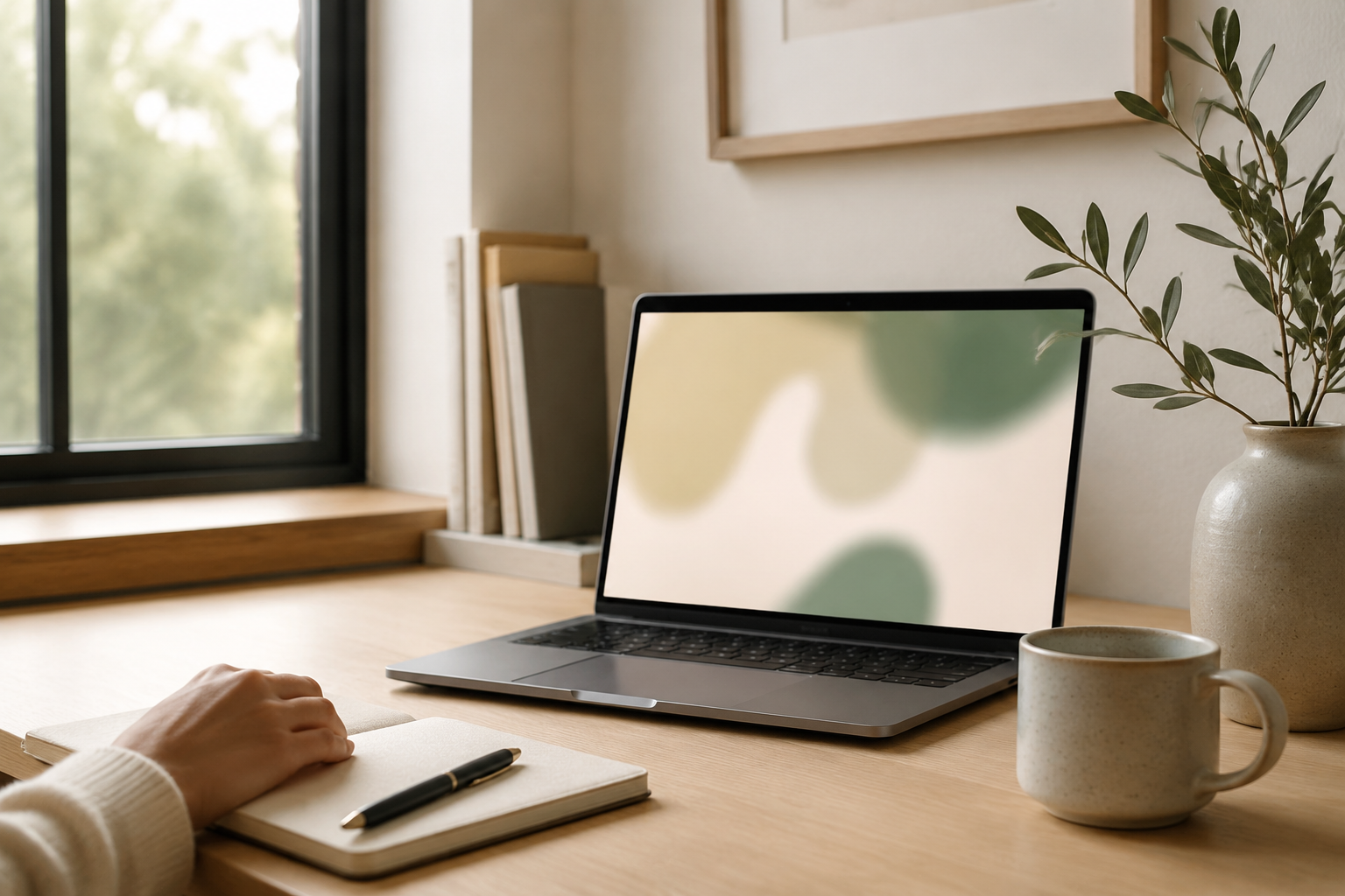A calm virtual mental health workspace with a laptop, notebook, and natural light.