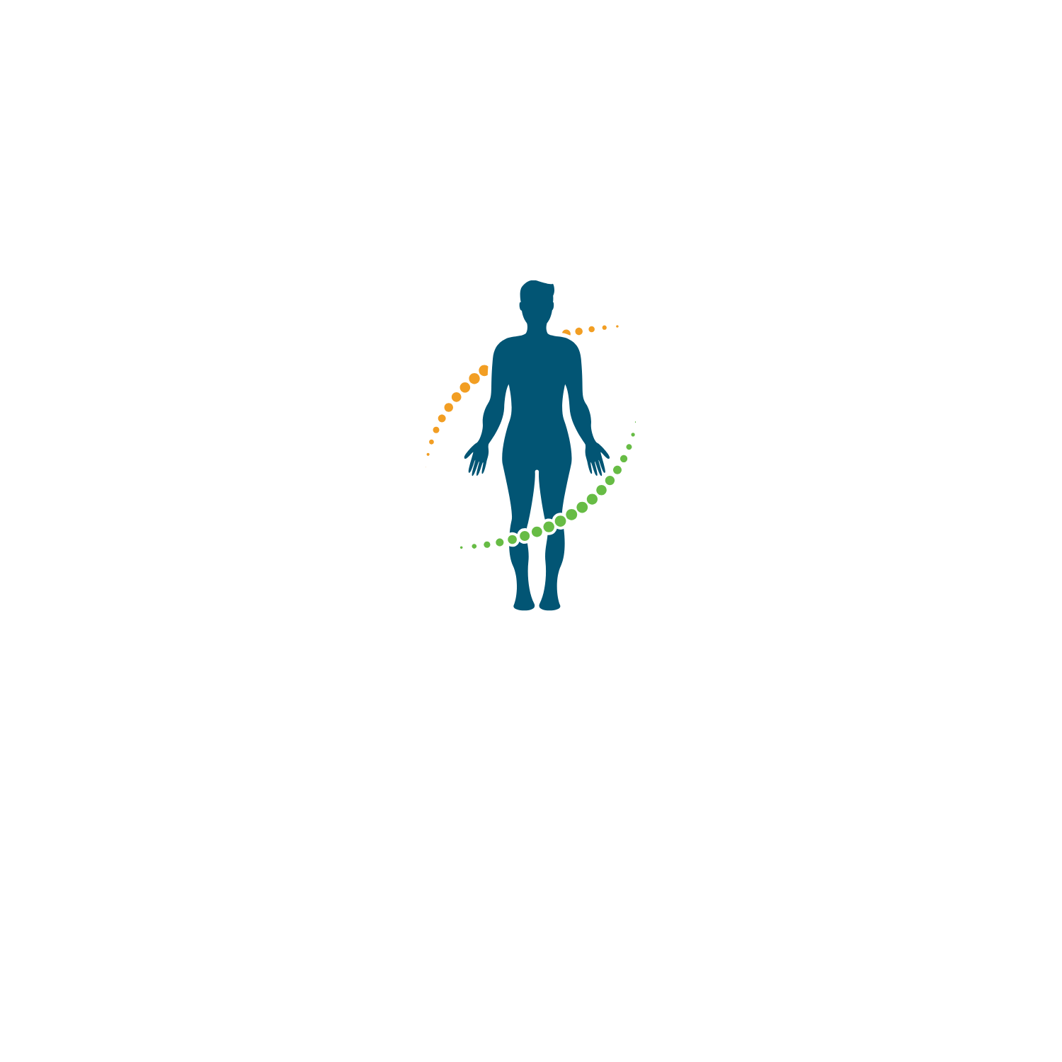 Diagram of the human body's three main energy centers depicted with colored dotted lines in green, orange, and red around the human silhouette.