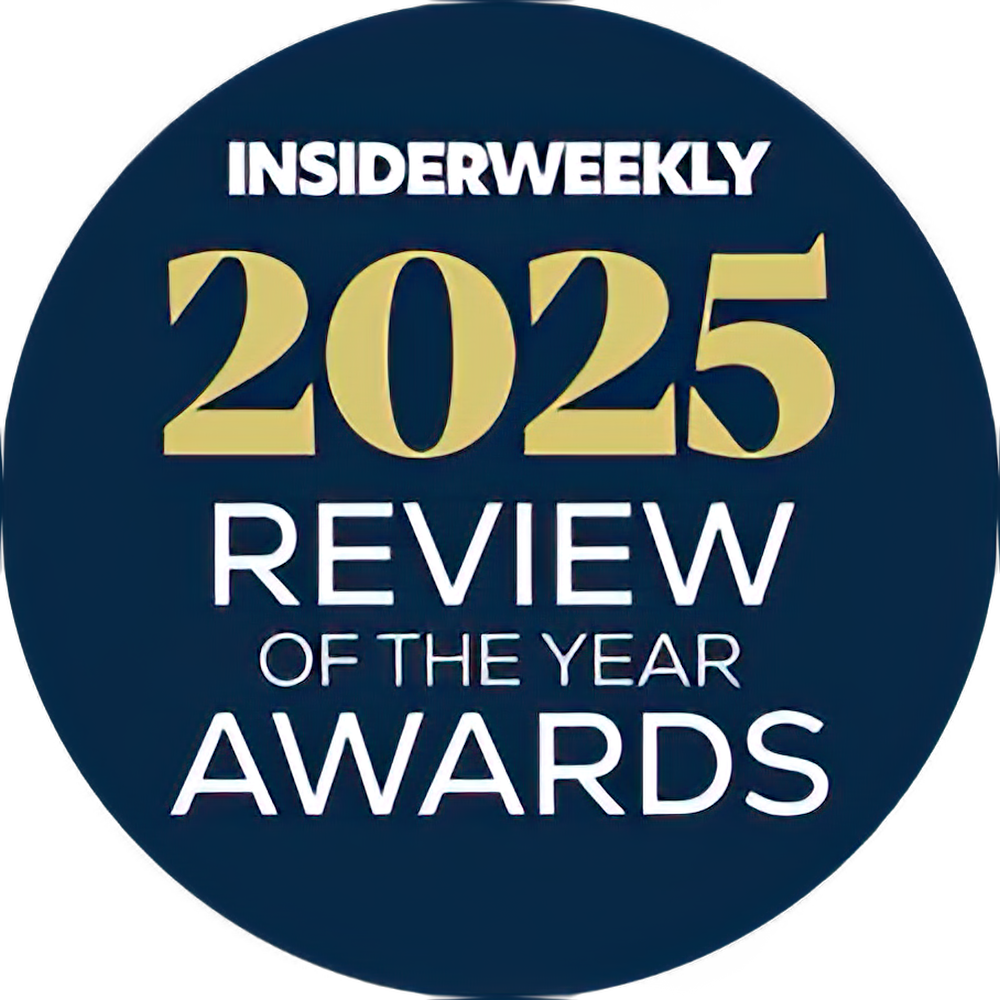 A circular badge with a dark blue background that reads "InsiderWeekly 2025 Review of the Year Awards" in white and gold text.