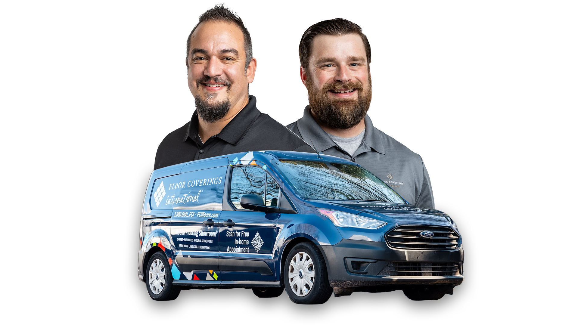 A photo of two smiling men wearing gray polo shirts, standing behind a branded service van with window reflections, signage for flooring services, and the text 'Scan for Free In-home Appointment'.