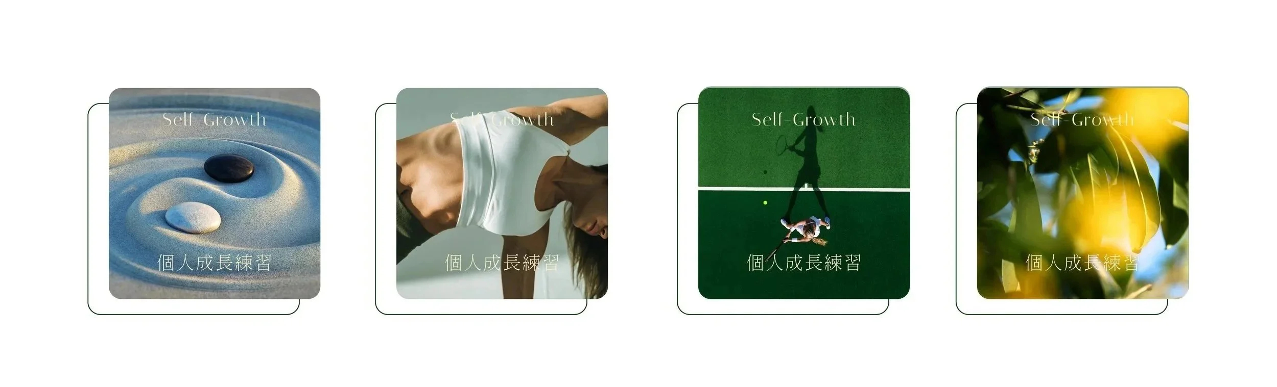 Four book covers aligned horizontally, each labeled 'Self Growth' with Chinese characters below, featuring images of Zen stones, a woman exercising, a tennis player on court, and leaves in sunlight.
