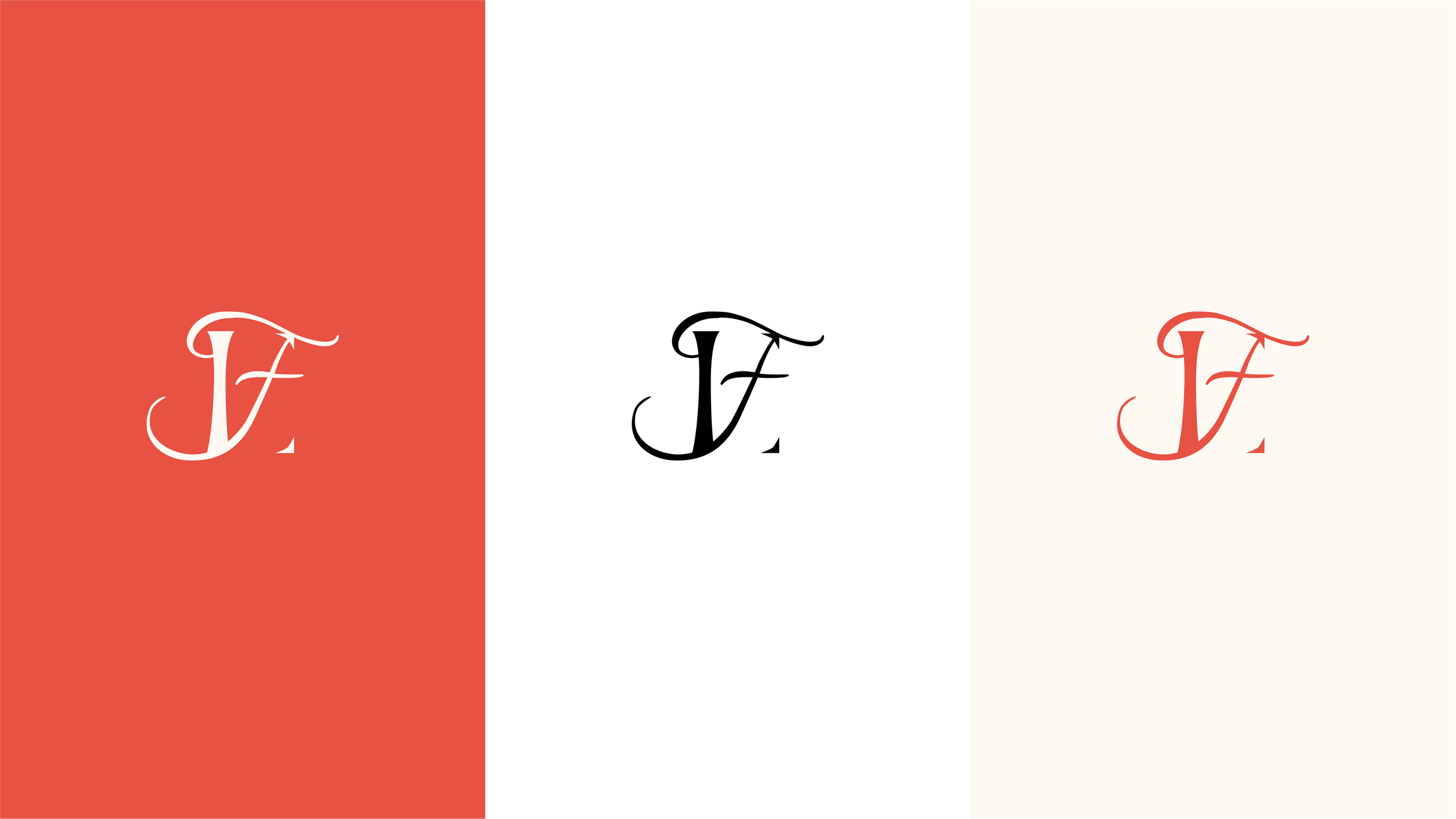 Three stylized letter F logos with different color backgrounds: red, white, and off-white, each with a decorative cursive font.
