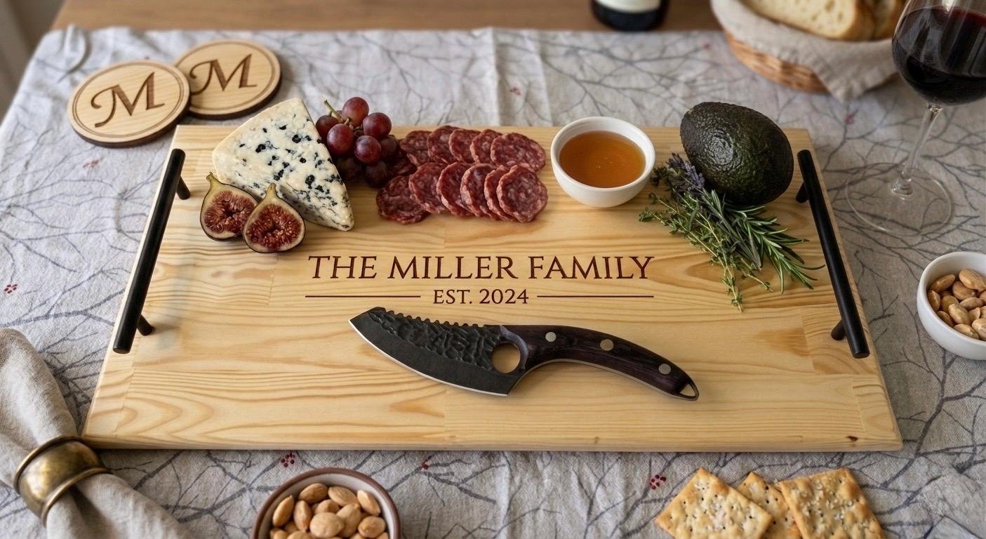 Personalised Serving Tray, Charcuterie Board, Rustic Serving Tray with Handles, Custom Serving Tray, Rustic Home Decor