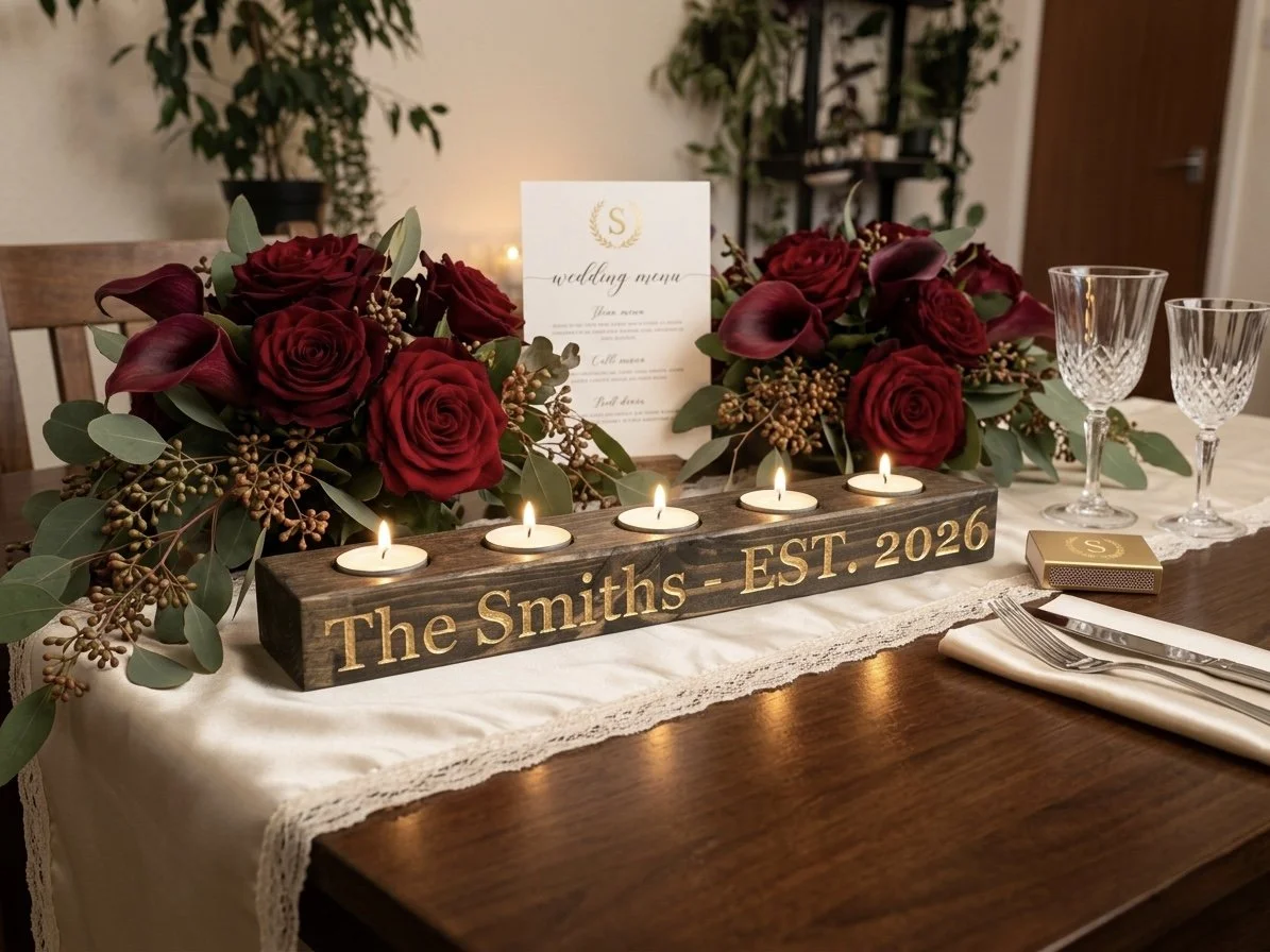Personalised Wooden Tea Light Holder - Engraved Candle Centrepiece, 5th Anniversary Gift, Wedding & Home Décor