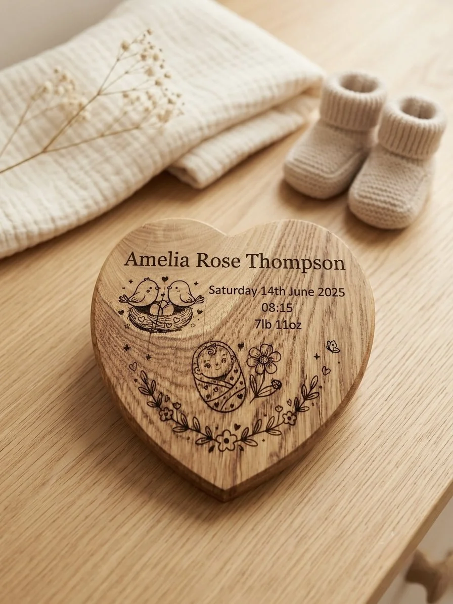 Personalised Oak Heart Baby Birth