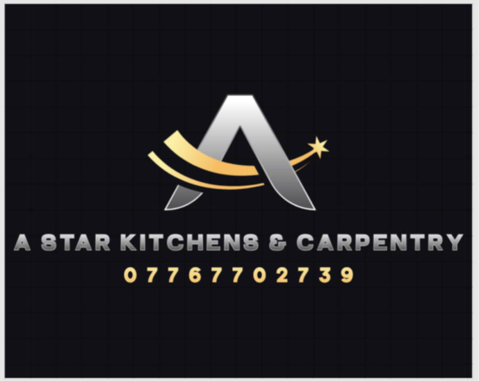 Logo for A Star Kitchens & Carpentry with a stylized star and an 'A' on a black background, and the phone number 07767702739 below.
