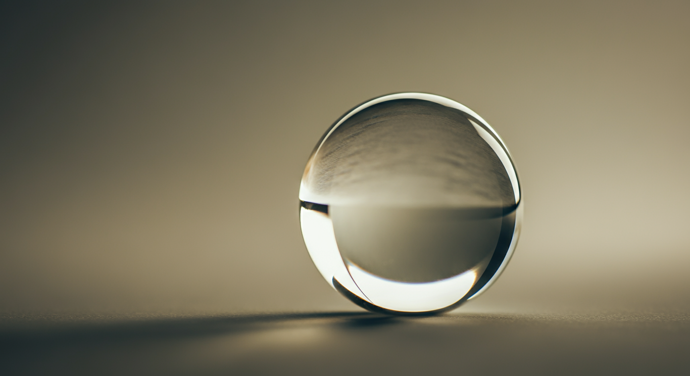 Close-up of a clear glass marble on a neutral background, with reflections and a slight shadow.