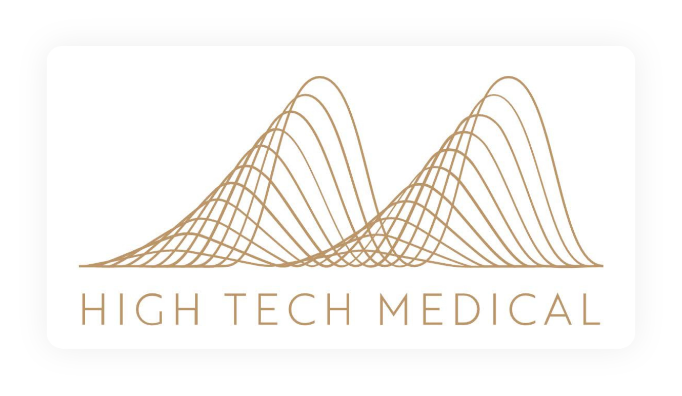 Logo with multiple overlapping brown lines forming two wave patterns and the text "HIGH TECH MEDICAL" underneath.