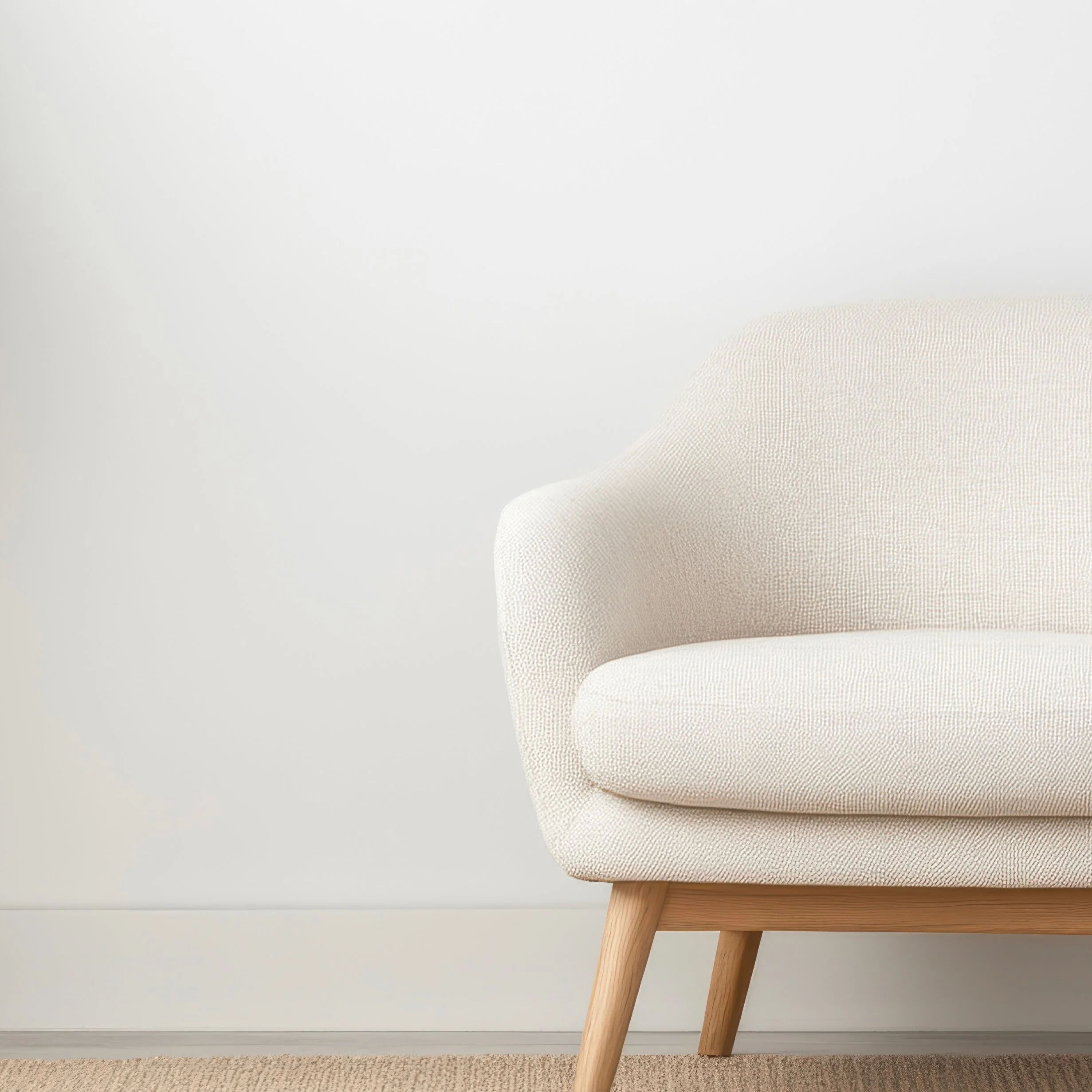 Close-up of a beige upholstered chair with wooden legs, positioned in a room with a gray wall and beige carpet.