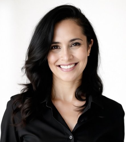 Portrait of a smiling woman with dark wavy hair, wearing a black blouse, against a plain white background.