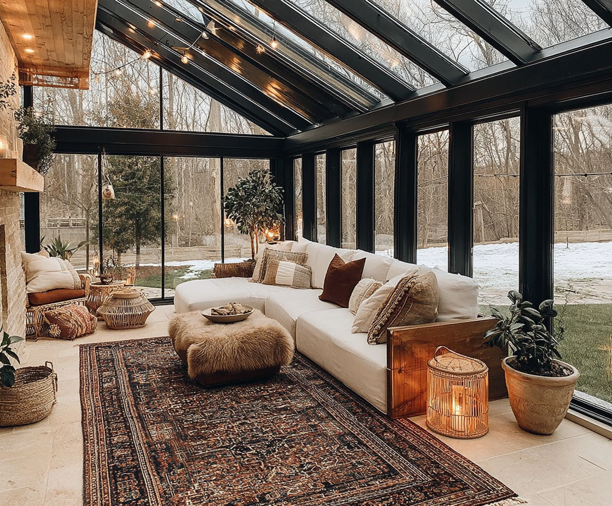 Gemütlicher Wintergarten mit großen Fenstern und schwarzem Rahmen, weißem Sofa mit verschiedenen Kissen, einem runden Holzfußhocker, einem Teppich, Pflanzen und Dekorationen, Blick nach draußen auf schneebedecktes Gelände mit Bäumen.