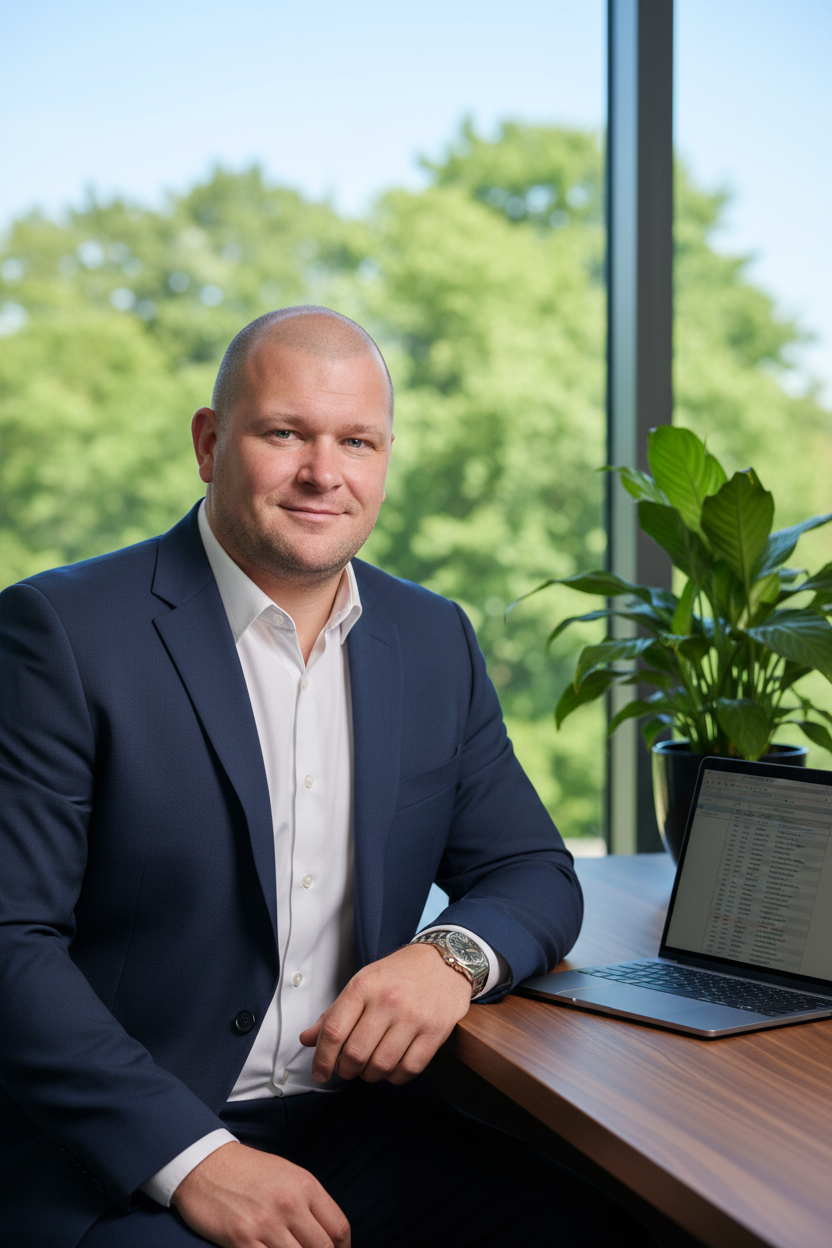 A man in a navy suit with a white shirt sitting at a desk next to a potted plant and an open laptop, in front of large windows with a view of green trees outside.