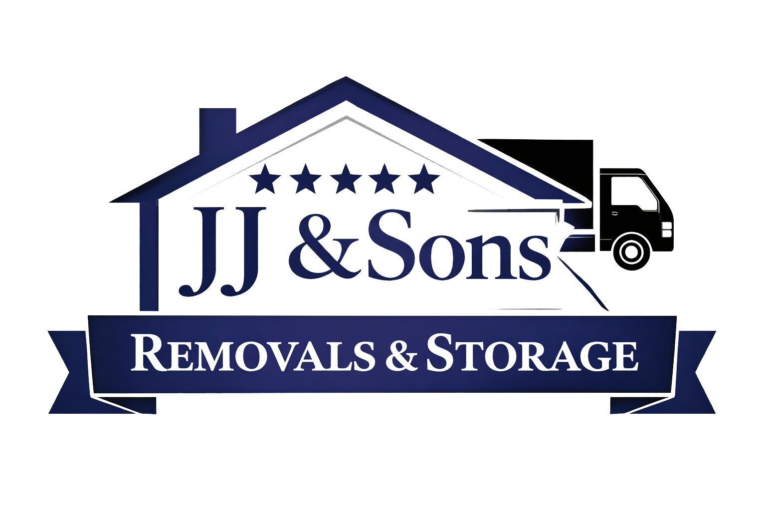 Logo for JJ & Sons Removals & Storage, featuring a house with a roof, five stars, and a truck