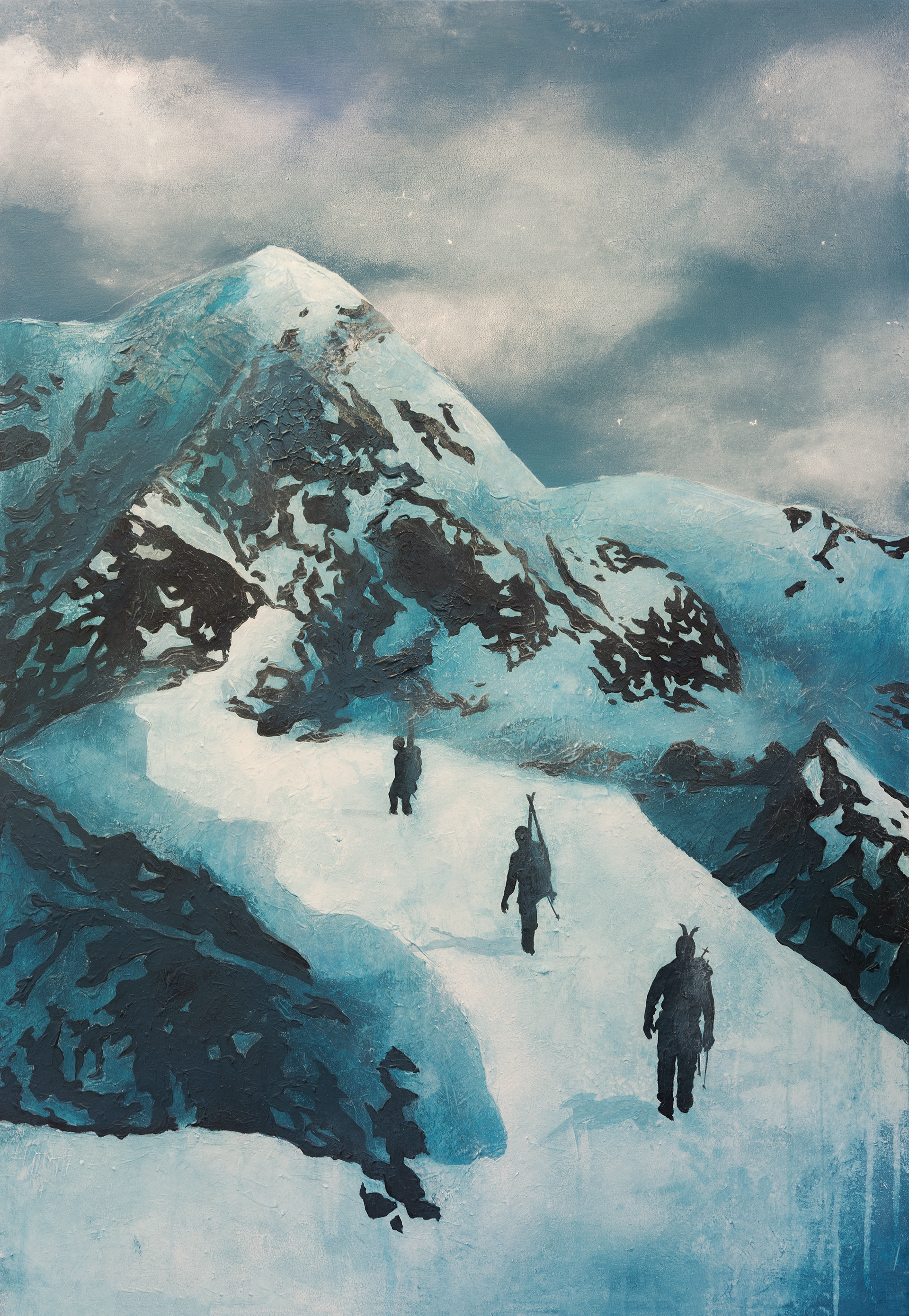 Topptur, print av tidligere akryl maleri. Malerisk utsikt over snødekte fjell med tre turfolk som går oppover. Figurativ fine art kunst.