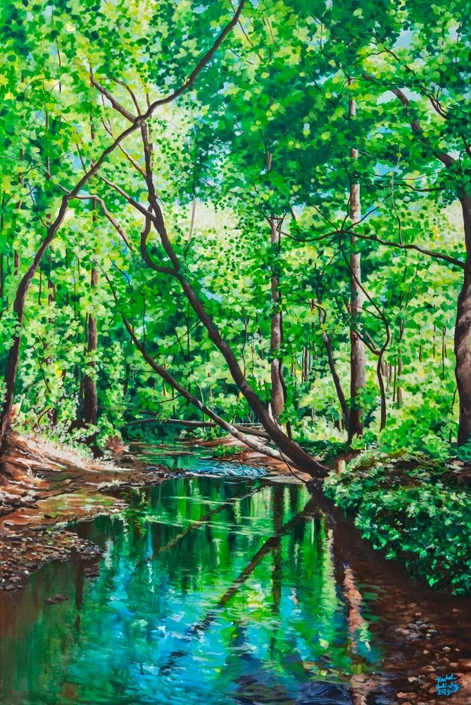  
  "Dappled Light"  
  24"x36" | Acrylic on Stretched Canvas | 2023 
  Creek in Weslyan Woods, Macon GA 
  SOLD   