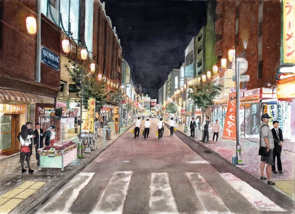  
  "Festival Night"  
  approx. 11"x14" | Watercolor on paper | 2020 
  Fukuoka, Kyushu, Japan 
  In Private Collection   