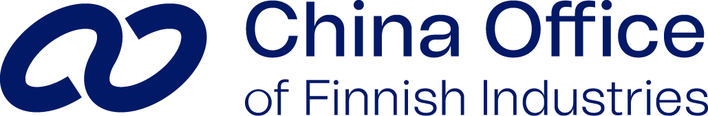 Logo of China Office of Finnish Industries with a black and blue infinity symbol and blue text on a black background.