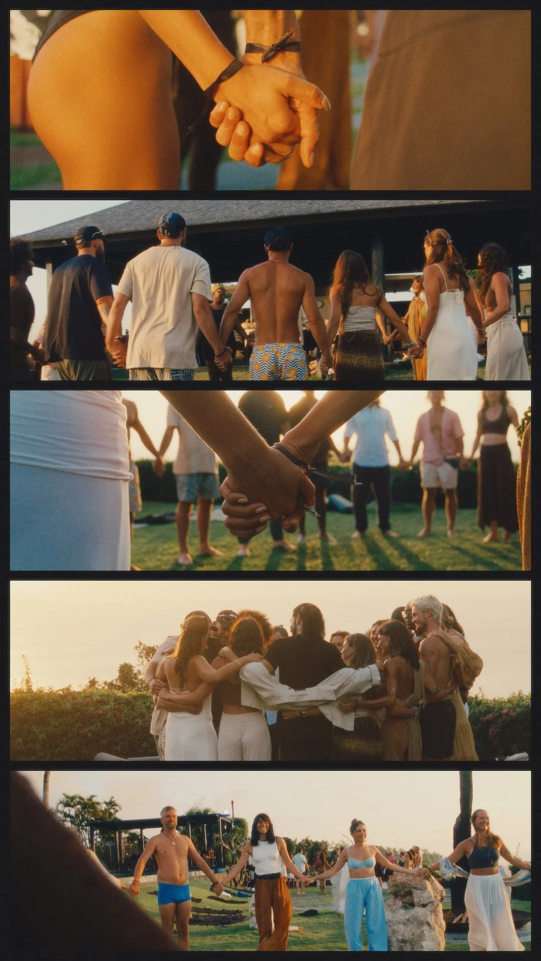 series of scenes showing people holding hands, a group dancing and embracing outdoors at sunset, likely at a gathering or celebration.