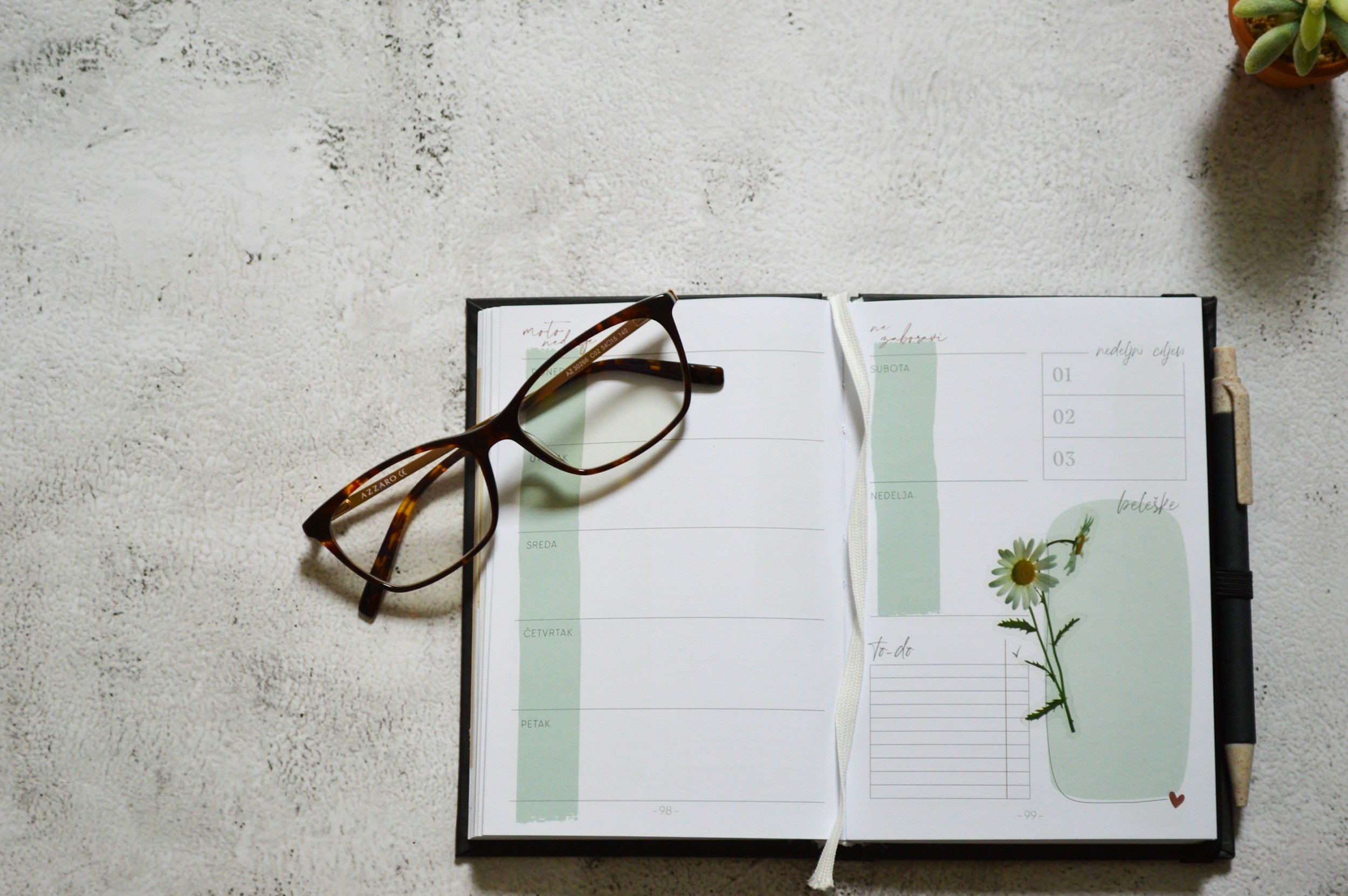 An open planner with a pair of tortoise shell eyeglasses resting on it, placed on a rough textured white surface. There is also a black marker pen and a small bouquet of daisies tucked into the planner.