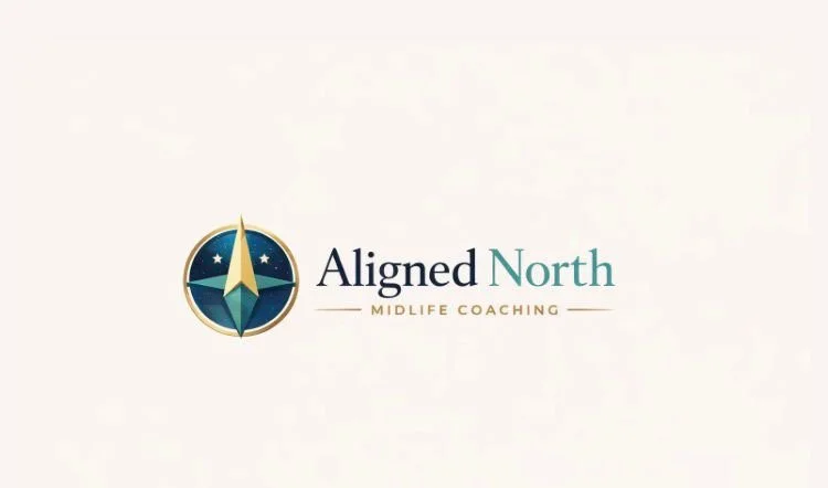 Logo for Aligned North Midlife Coaching, featuring a compass with a gold and blue color scheme on a white background.